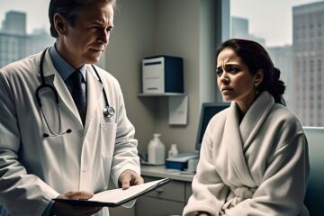 A woman consulting a doctor about hormonal imbalance and fertility issues, with the doctor explaining medical information in a clinical setting.