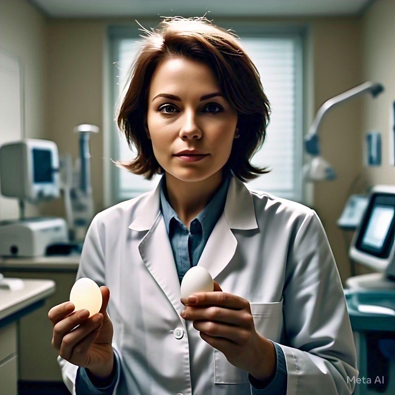 Illustration of a woman holding an egg, symbolizing egg quality and IVF, with natural elements like leaves and flowers in the background.